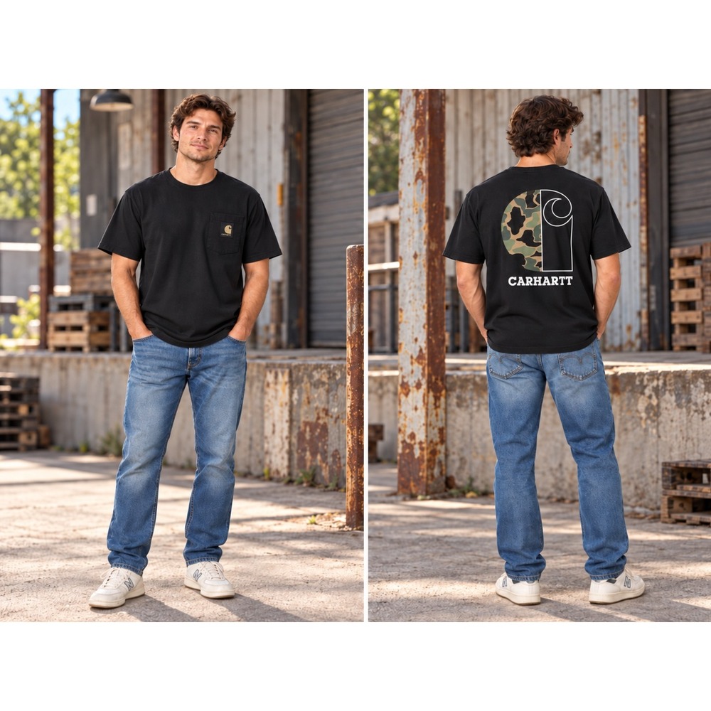 Carhartt Men's Medium Relaxed Fit Black Pocket Tee Green Camo Back Graphic
